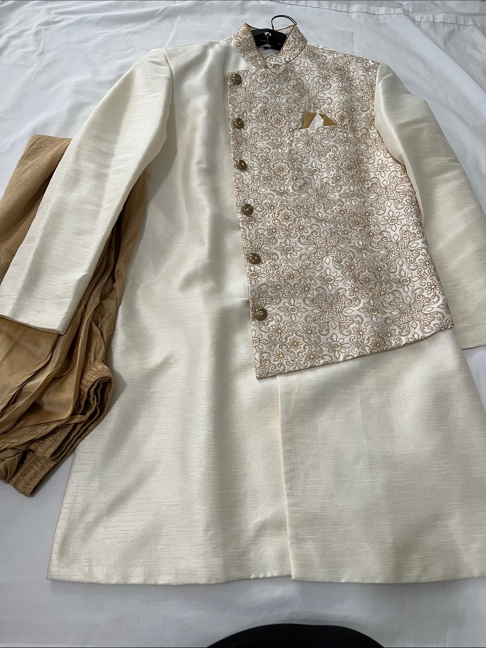 Men  Embroidered Men's Sherwani Crean with Gold Accents.